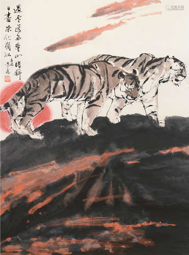 李巍（b.1931） 辛未（1991）年作 秦山双虎 镜片 设色纸本