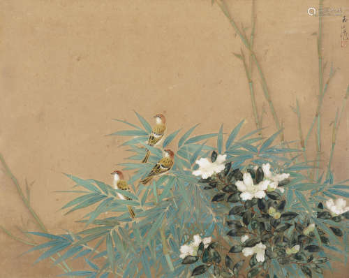 林玉山（1907～2005） 竹雀图 镜框 设色纸本