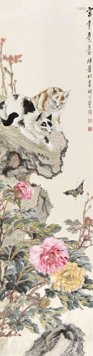 陈旧村（1898～1975）胡汀鹭（1884～1943） 富贵耄耋图 立轴 设色纸本