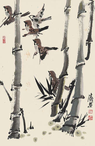 刘济荣（b.1931） 竹林小鸟 立轴 设色纸本