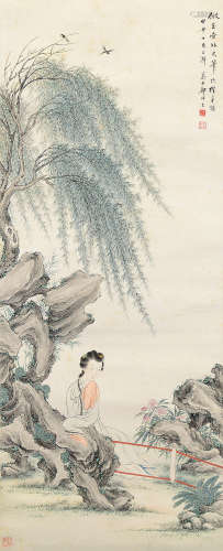 郑慕康（1901～1982） 庭院仕女图 立轴 设色纸本