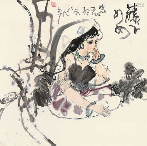 李鸣鸣（b.1957） 己巳（1989）年作 藤下少女 立轴 设色纸本