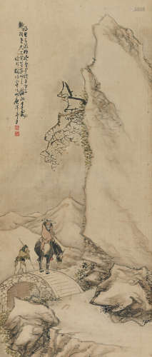 李霞（1871～1938） 庚午（1930）年作 雪山行旅 屏轴 设色绢本