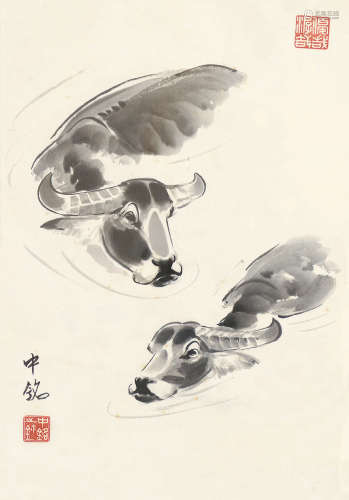 梁中铭（1907～1982） 双牛 镜片 纸本