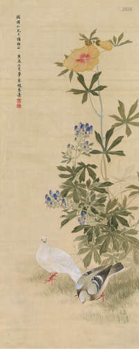 赵恩熹（1892～1985） 庚辰（1940）年作 双鸽 立轴 设色绢本