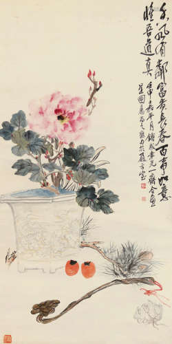 张聿光（1885～1968）沈一斋（1891～？）许铸成（民国） 壬申（1932）年作 富贵长春 立轴 设色纸本