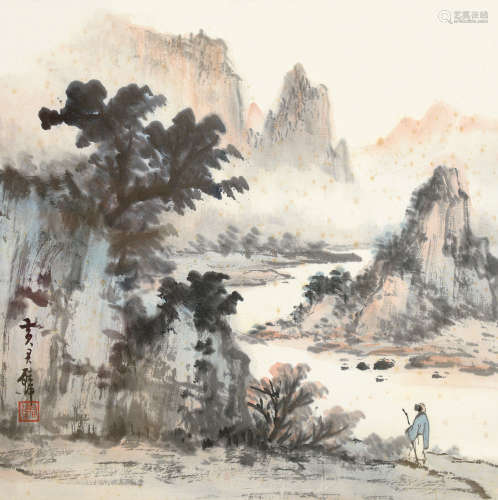 黄君璧（1898～1991） 策杖行旅 镜片 设色纸本