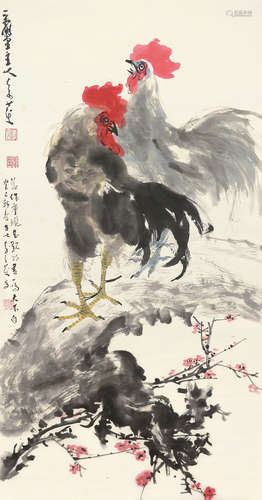 李奇茂（b.1925） 癸巳（2013）年作 一鸣天下白 立轴 设色纸本