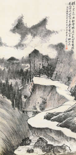 俞语霜（1874～1922） 辛酉（1921）年作 溪山遇雨图 立轴 设色纸本