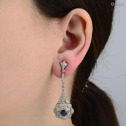 A pair of sapphire and circular-cut diamond drop