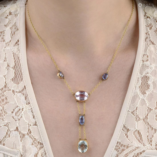 An early 20th century aquamarine, sapphire and pink