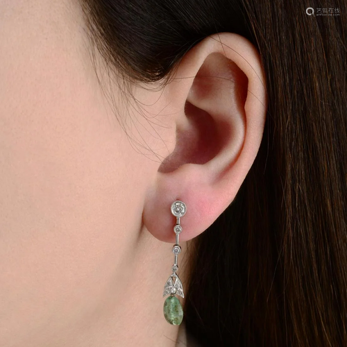 A pair of emerald and single-cut diamond drop