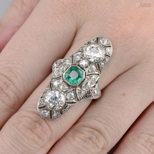 An emerald and circular-cut diamond pierced …