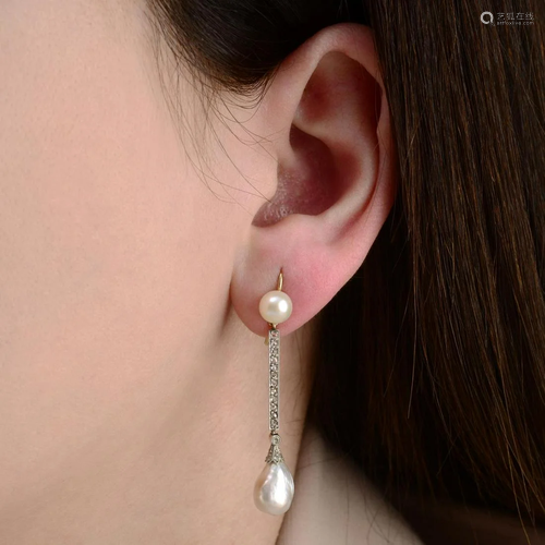 A pair of natural saltwater pearl and rose-cut …