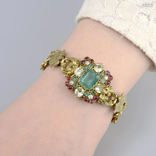 A mid 19th century gold emerald, chrysoberyl, ruby and