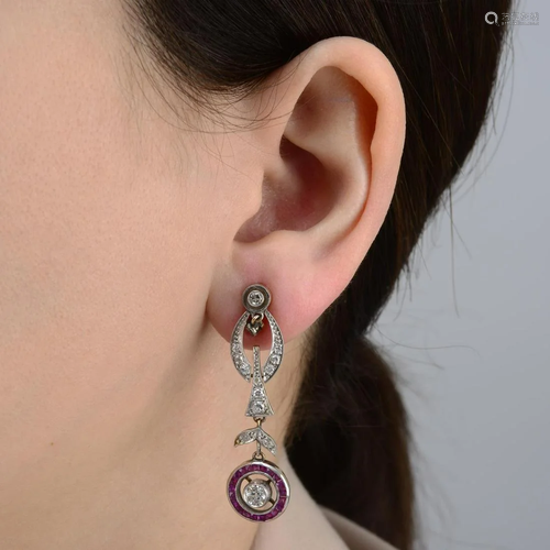 A pair of ruby and old-cut diamond earrings.Estimated