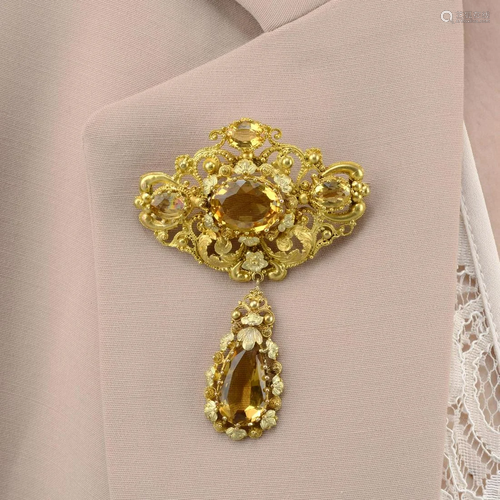 A mid 19th century 18ct gold citrine brooch. French