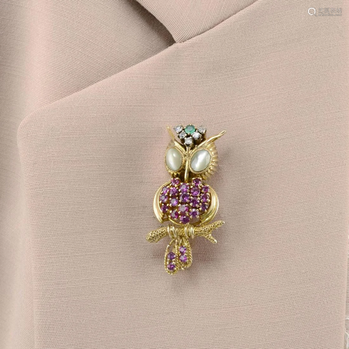 A mid 20th century 18ct gold diamond and gem-set owl