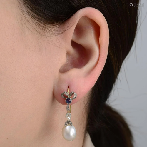 A pair of natural pearl drop earrings, with sapphire,