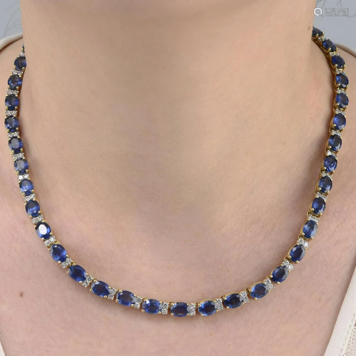 A sapphire and brilliant-cut diamond necklace.Total