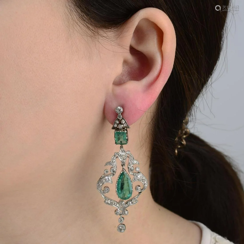 A pair of emerald and old-cut diamond drop