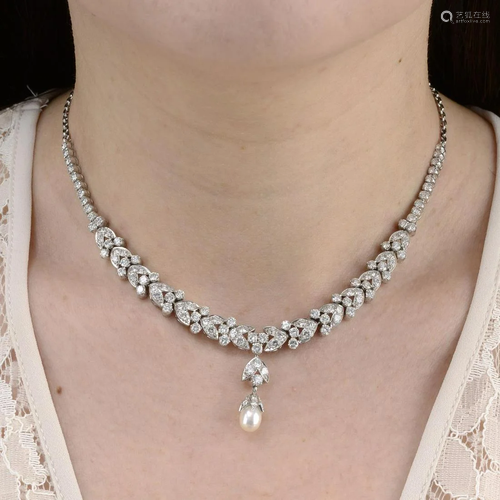 A brilliant-cut diamond floral necklace, with cultured