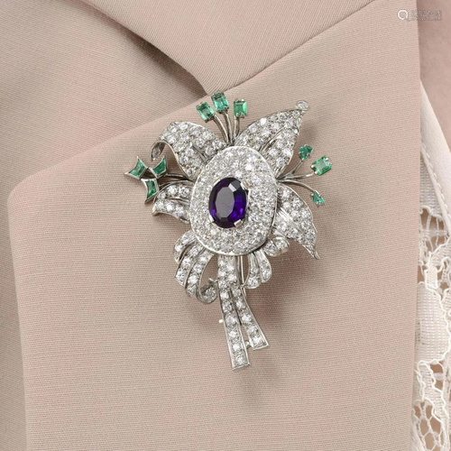 An amethyst, brilliant-cut diamond and emerald foliate