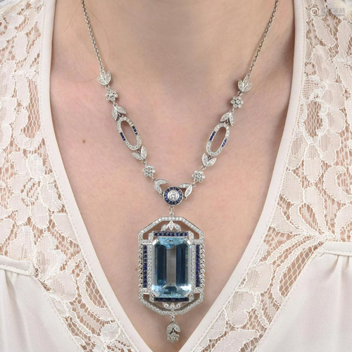 An aquamarine, sapphire and brilliant-cut dia…