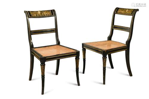 A pair of Regency ebonised and parcel gilt side chairs,