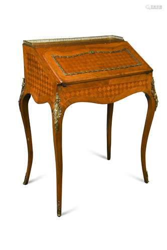 A Louis XV style walnut parquetry and gilt metal mounted bureau de dame, late 19th century,