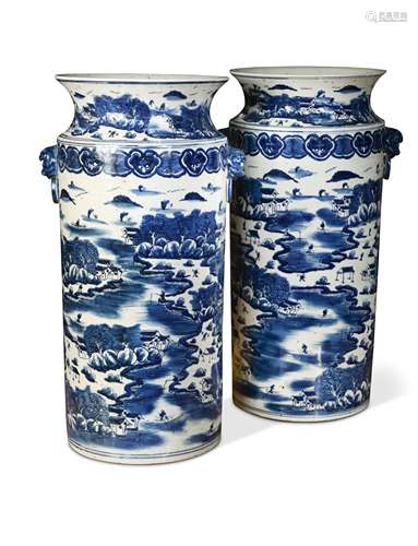 A pair of Chinese blue and white two-handled vases, 20th century,