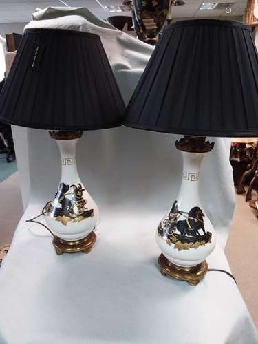 A pair of enamelled table lamps with black silk shades, modern,