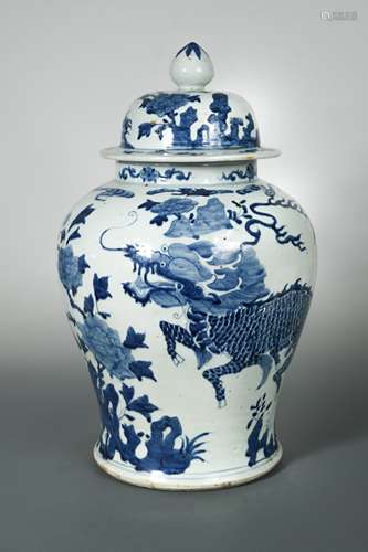 A Chinese blue and white porcelain vase and cover, Qing Style,