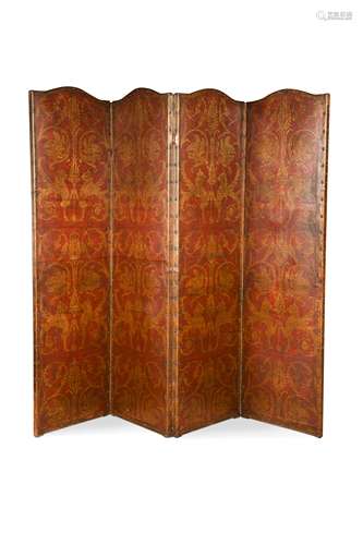 A four panel painted leather modesty screen, 19th century