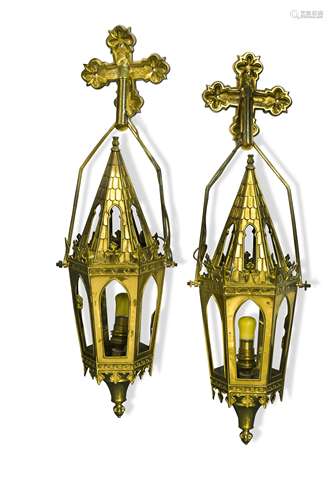 A pair of brass Gothic revival lantern wall lights, modern,