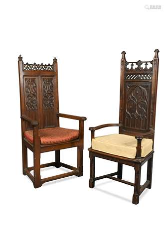 A Gothic revival oak high back armchair, 19th century,