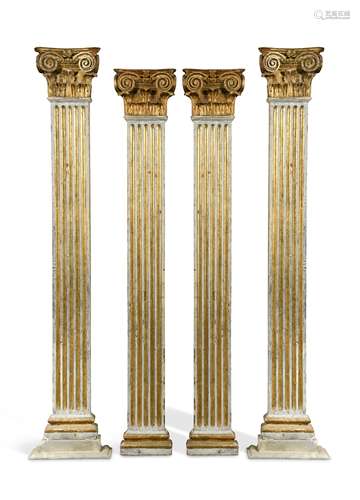 Two pairs of painted and gilt wood pilasters with Corinthian capitals,