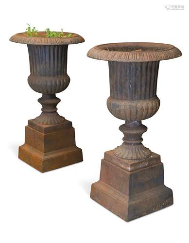 A pair of cast iron Campana style urns,