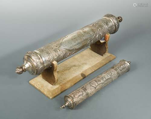 An Indian silver 'Farewell Address' scroll holder,