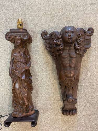 An oak cherubic tapering wall bracket, 17th century,