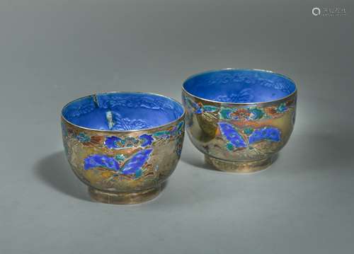 A pair of Chinese silver and blue enamel cups, early 20th century,