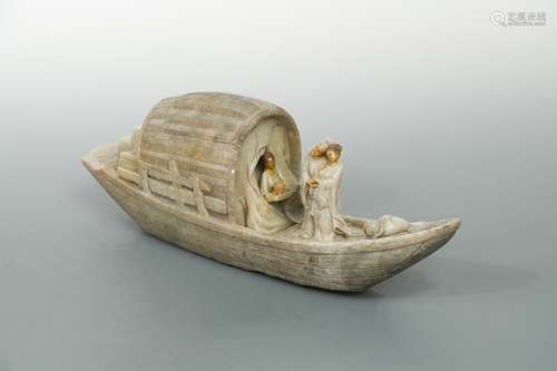 A Chinese carved soapstone model of a pleasure boat, probably Republic Period, mid 20th century,