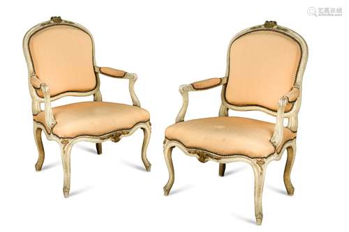 A pair of French painted frame fauteuils,