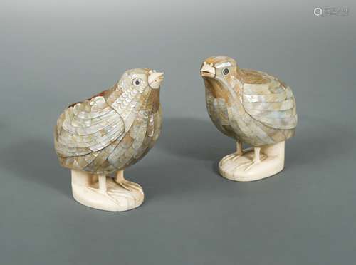 A pair of Chinese mother -of- pearl mounted lacquer quails, late Qing Dynasty,