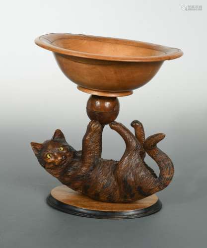 A Black Forest carved wood cat tazza,