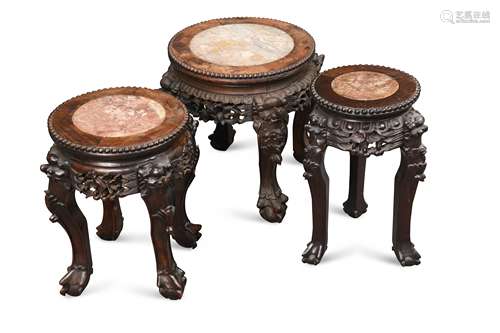 A group of three Chinese marble top stands, late Qing Dynasty circa 1900,