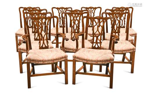 A set of 12 Chippendale style mahogany dining chairs, 20th century,