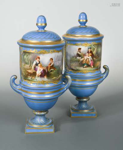 A pair of Sevres two-handled vases and covers,