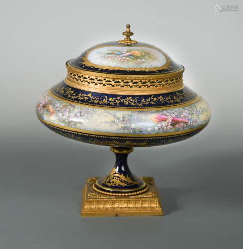 A French porcelain and gilt metal mounted pedestal vase and cover, probably Sevres,