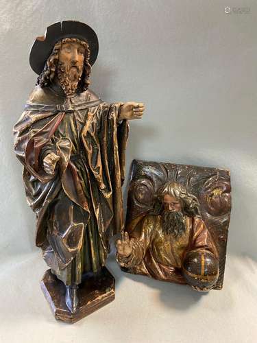 A Continental carved wood polychrome figure of a saint, 19th century,